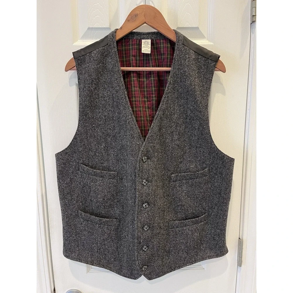 Vintage LL Bean Mens L Reg Wool Herringbone Waistcoat Vest Tartan Plaid Scottish
